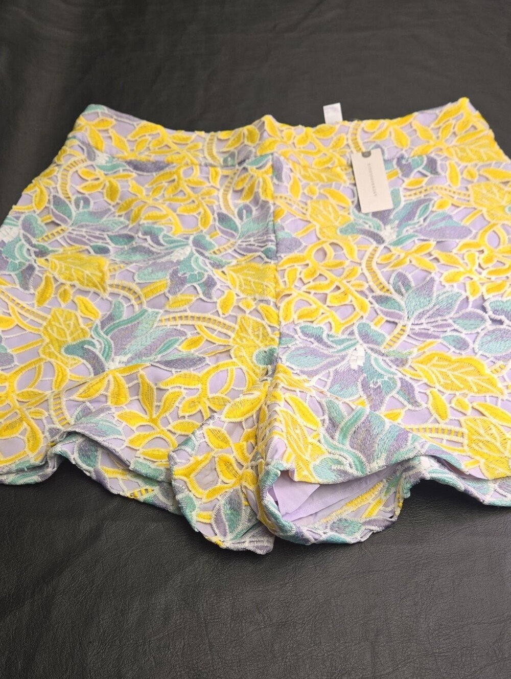 Anthropologie Yellow and Lavender Floral Lace High-Waist Shorts